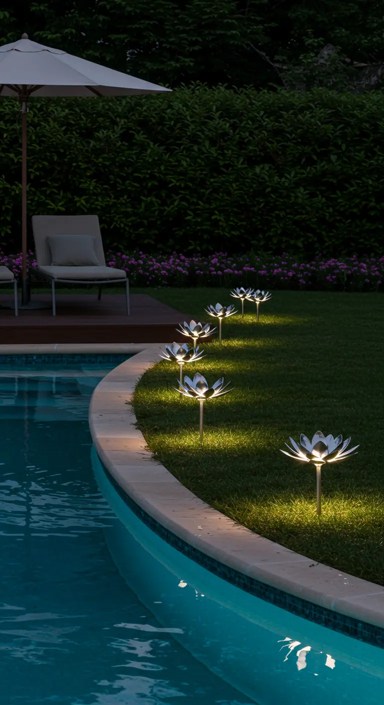 White solar-powered lotus lights lining the edge of a swimming pool at night.