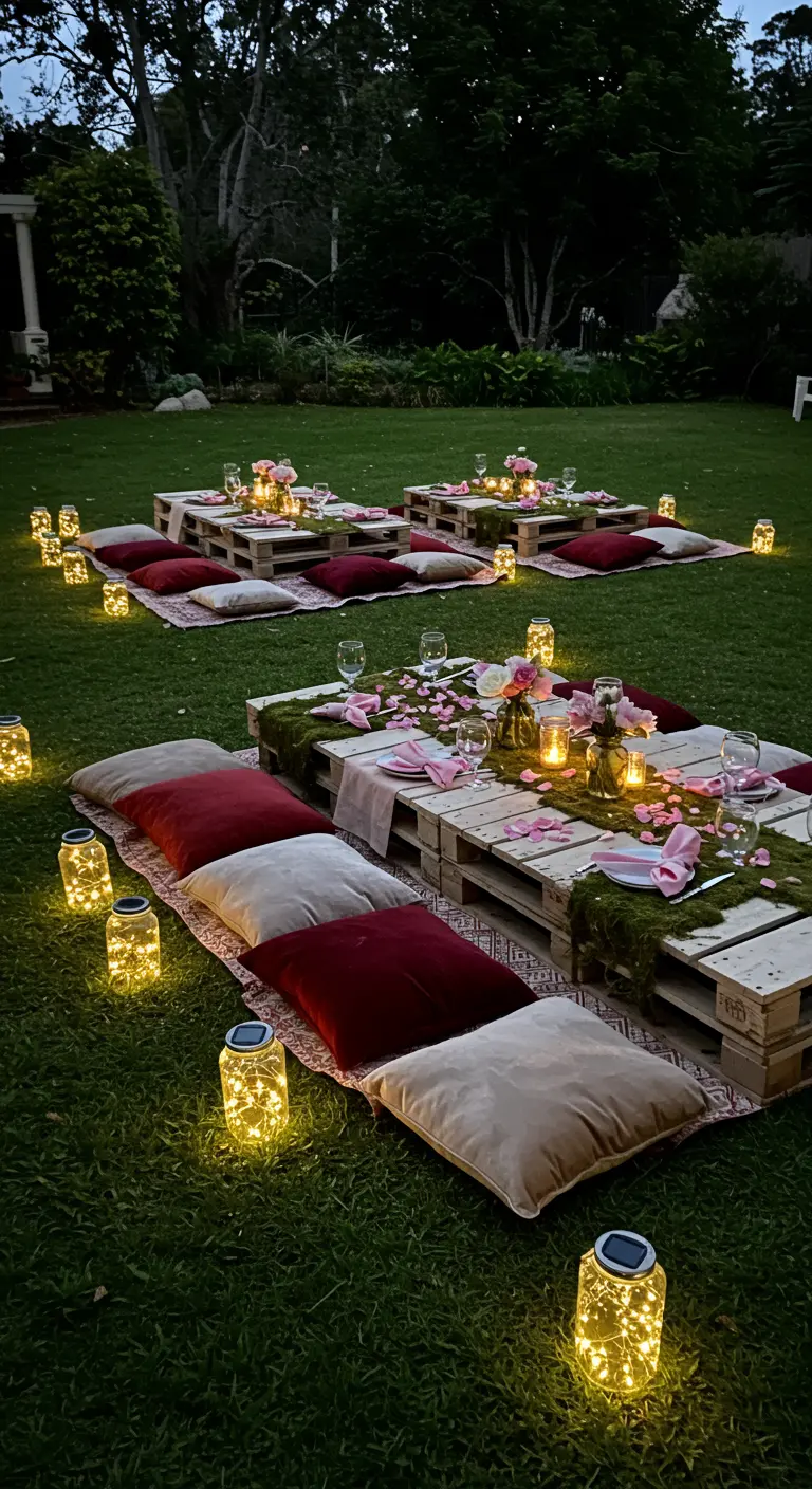 Low pallet tables on a lawn with moss runners and surrounded by cushions.