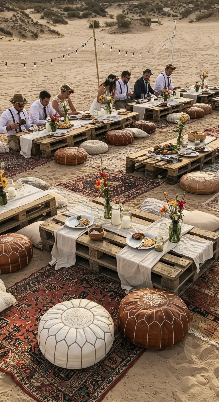 A desert picnic reception with low pallet tables and leather poufs.