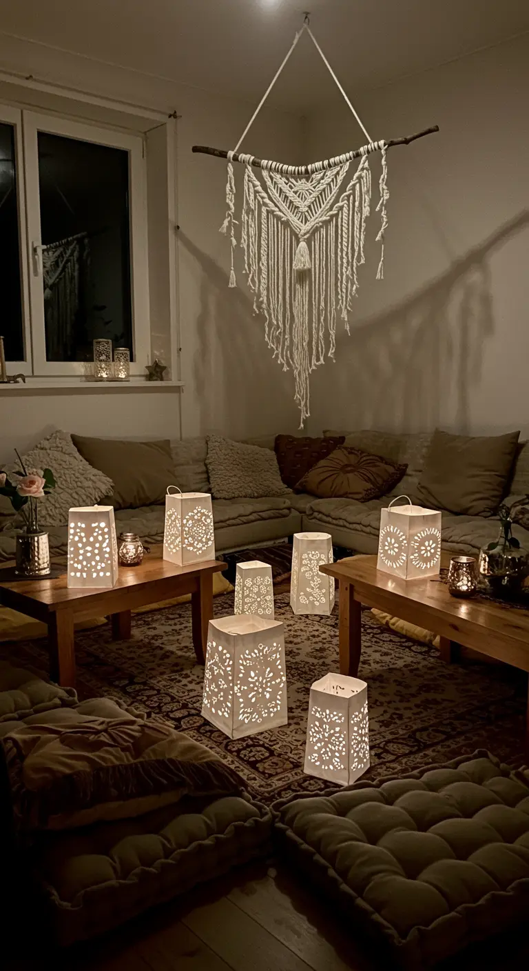 A cozy living room with floor seating and illuminated paper lanterns on the tables.
