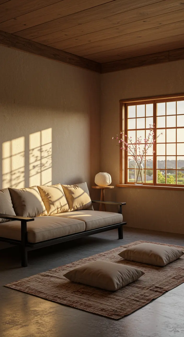 A low-profile sofa and floor cushions on a textured rug in a sunlit room.