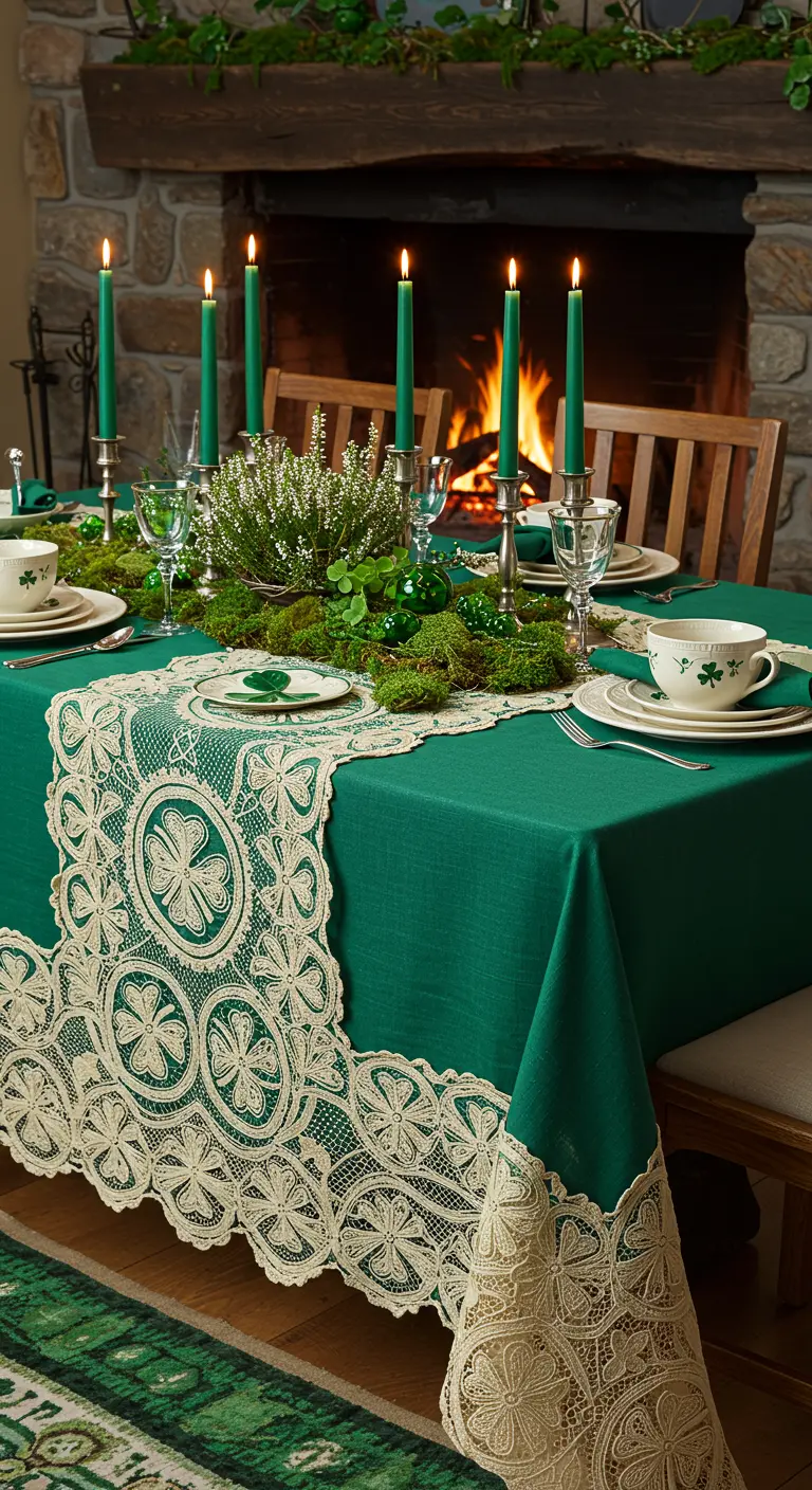 Elegant St. Patrick's Day table with a green tablecloth and lace overlay.