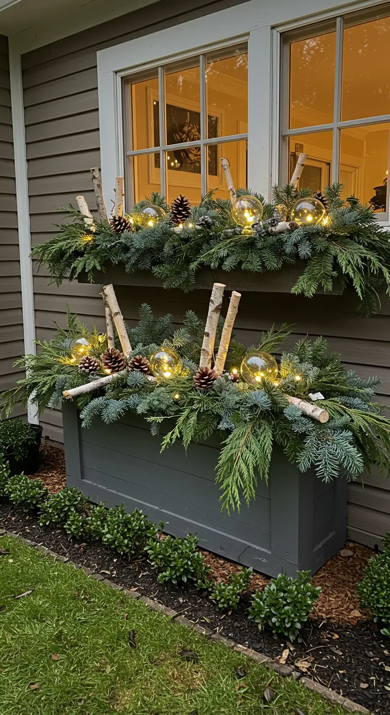 Lush evergreen window boxes decorated with glowing orbs, birch logs, and pinecones.
