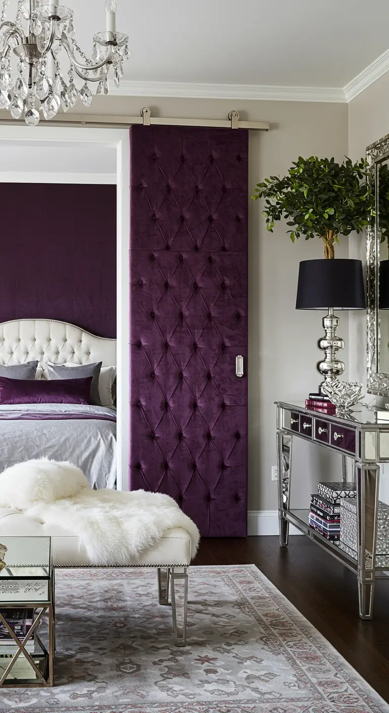 Glamorous room with a purple tufted velvet sliding door and mirrored console table.