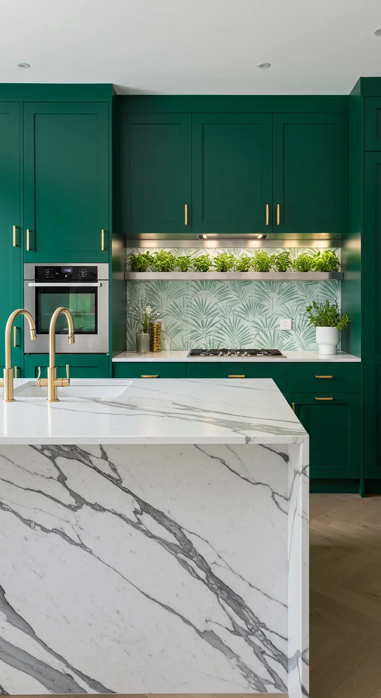 Emerald green kitchen with a dramatic white-and-gray marble waterfall island.