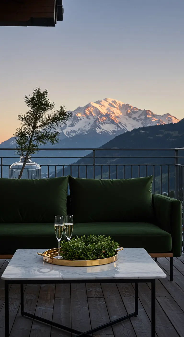 A modern balcony with a green velvet sofa, marble coffee table, and a view of Mont Blanc.