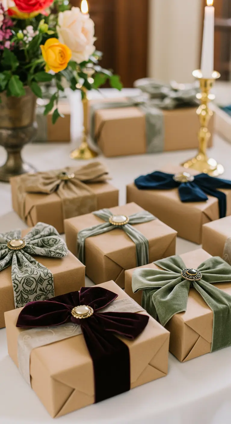 Gifts wrapped in kraft paper, tied with velvet ribbons and secured with vintage brooches.