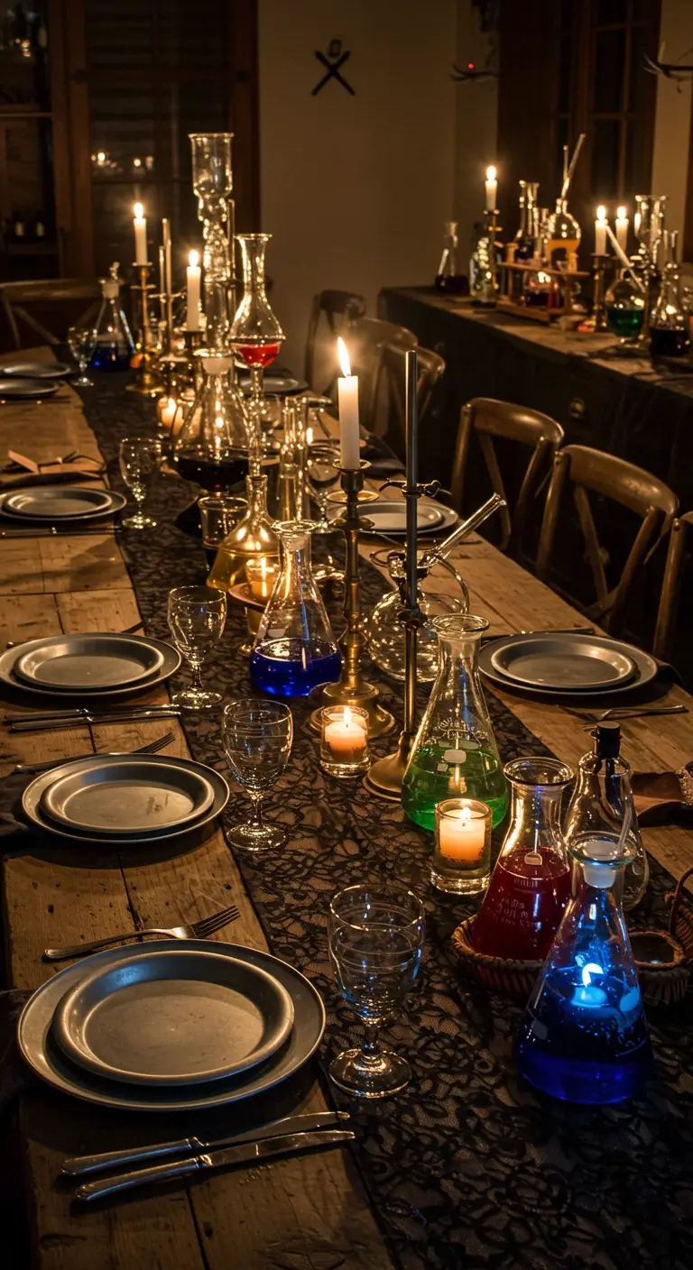 A Halloween table decorated like a mad scientist's lab with beakers and flasks.