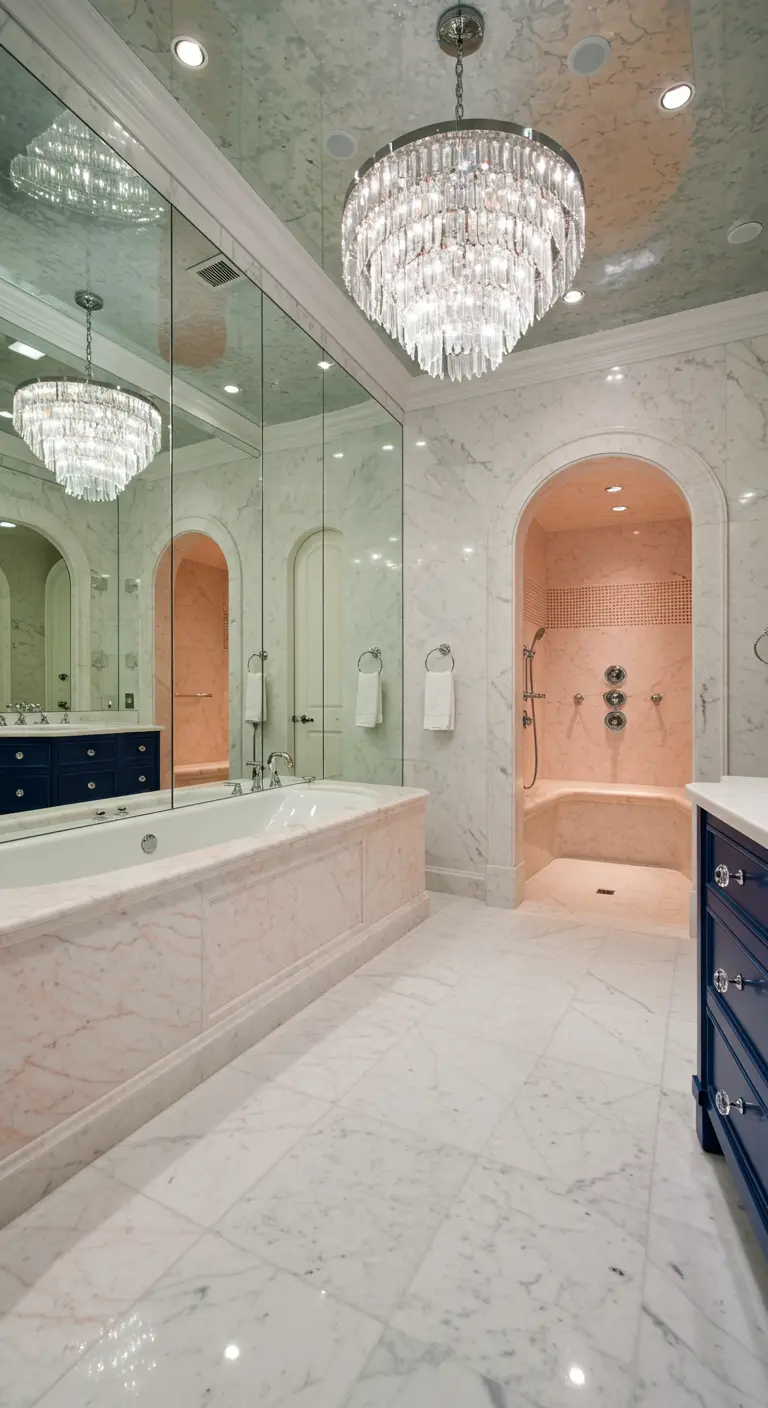 Ornate bathroom with mirrored walls, marble surfaces, and a crystal chandelier.
