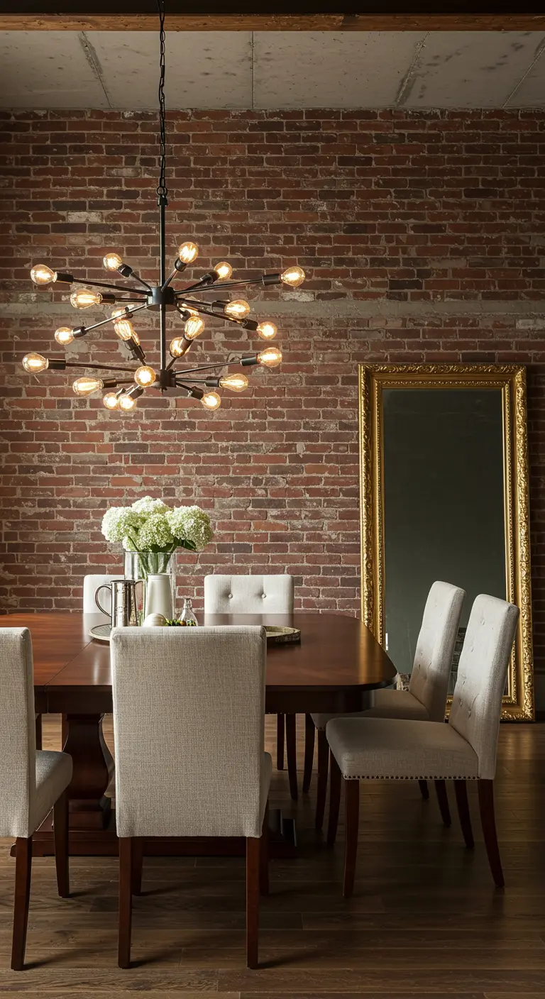 Dining room with a large, ornate gold mirror leaning against a red brick wall.