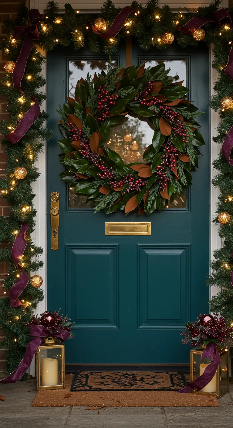 A close-up of a dark green door with a magnolia leaf wreath and a garland with purple velvet ribbon.