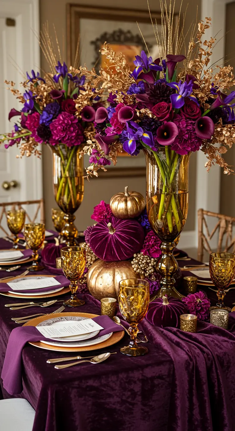 Opulent table setting with a purple velvet tablecloth, gold accents, and purple pumpkins.