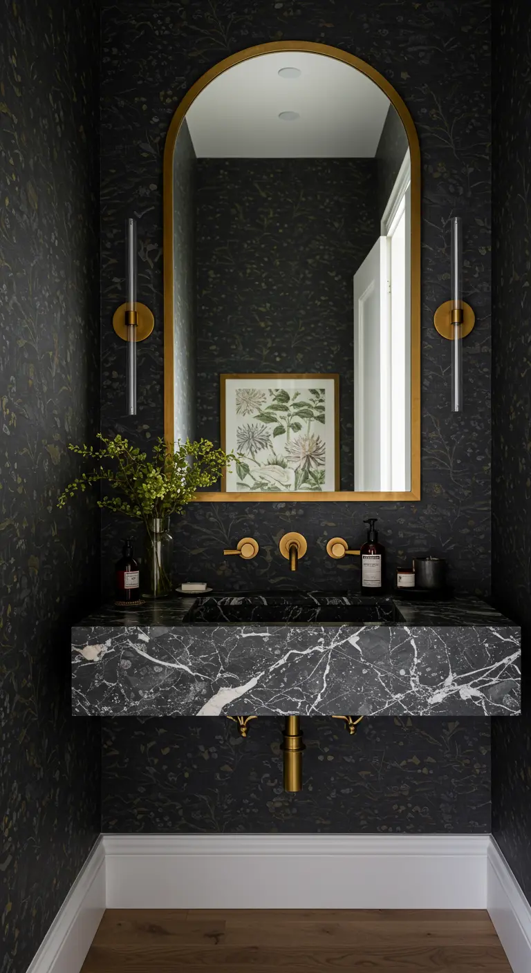 Dark powder room with patterned wallpaper and a floating marble sink.