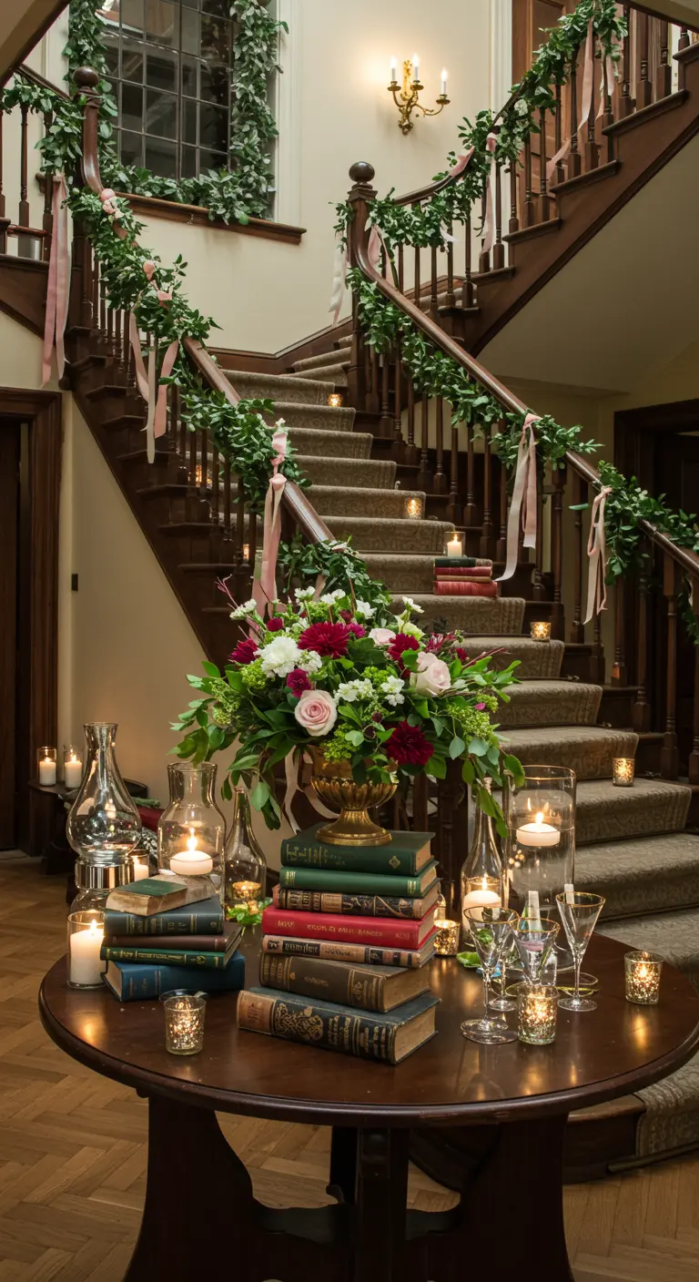 A grand staircase decorated with greenery, pink ribbons, and candles on the steps.