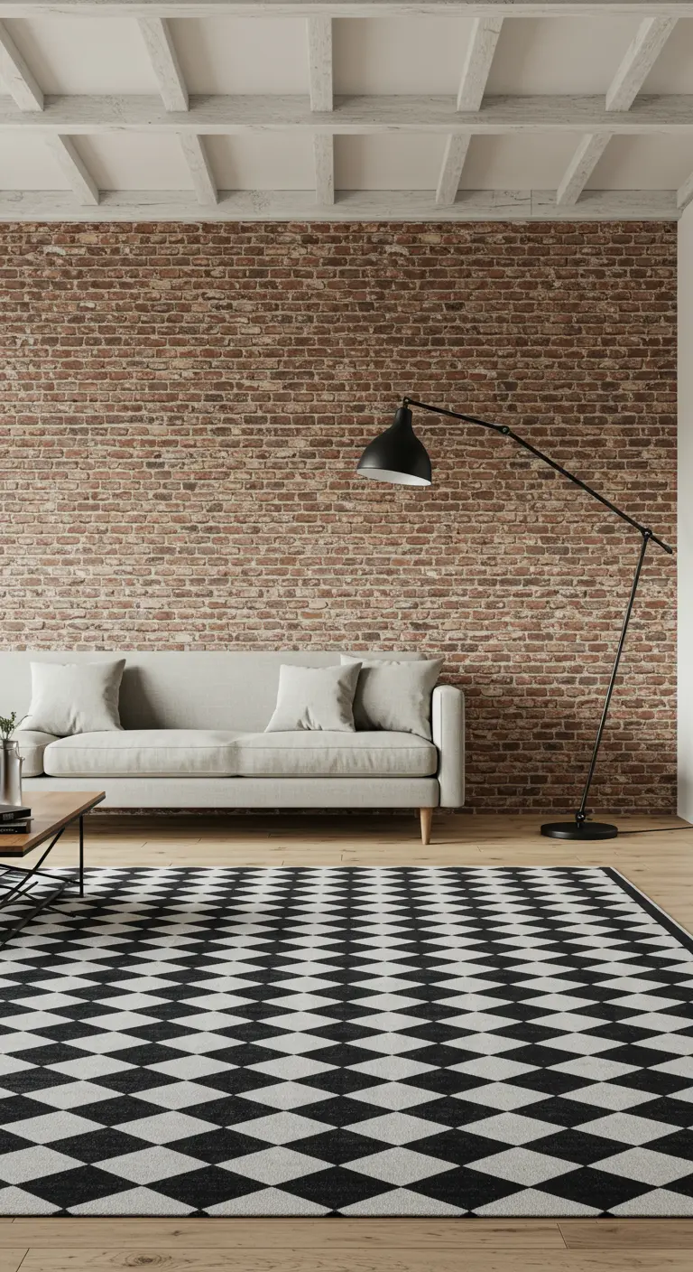 A large black and white diamond-patterned rug in a living room with a brick accent wall.