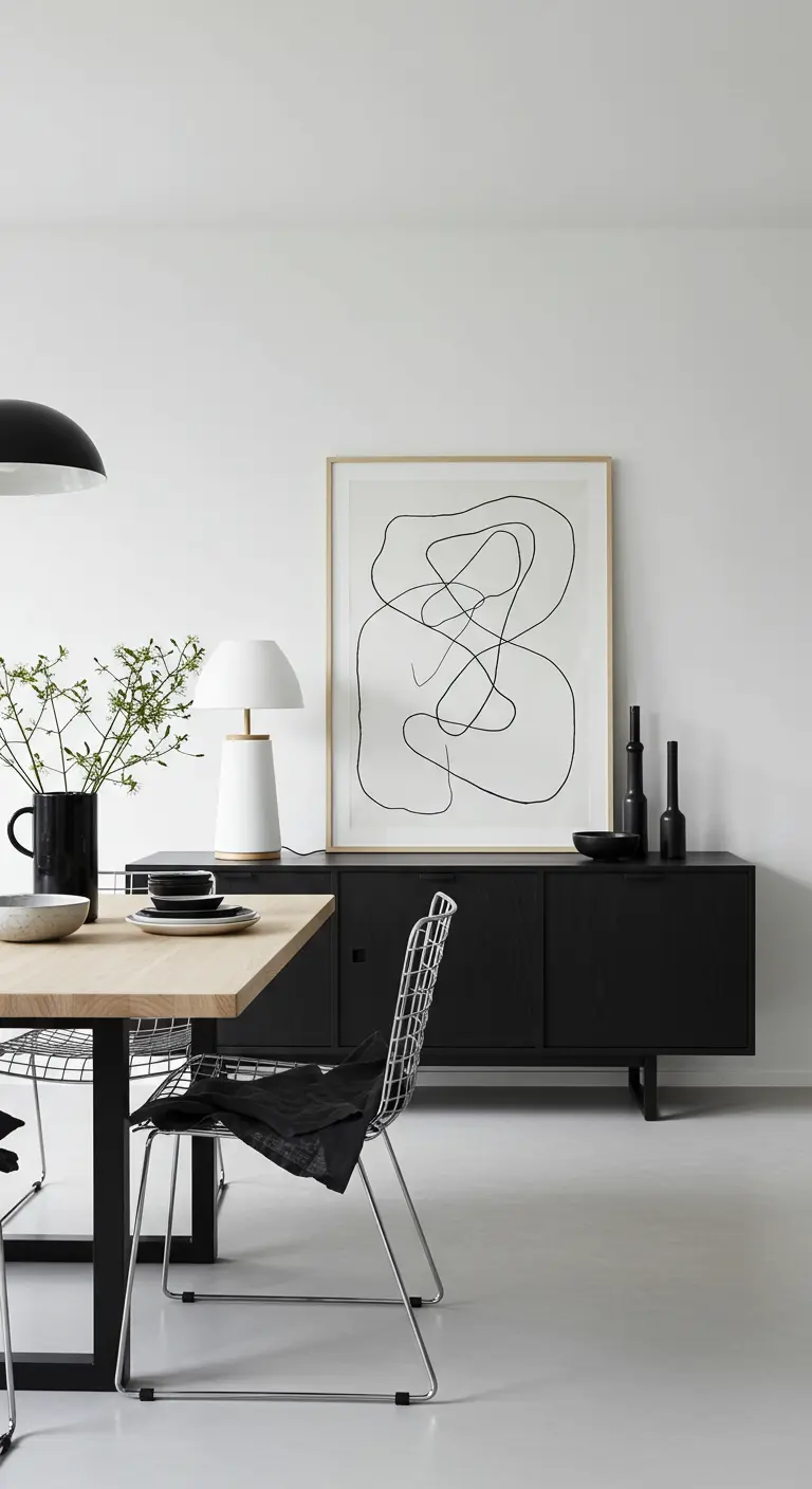 A high-contrast dining area with a black sideboard, wire chairs, and abstract line art.
