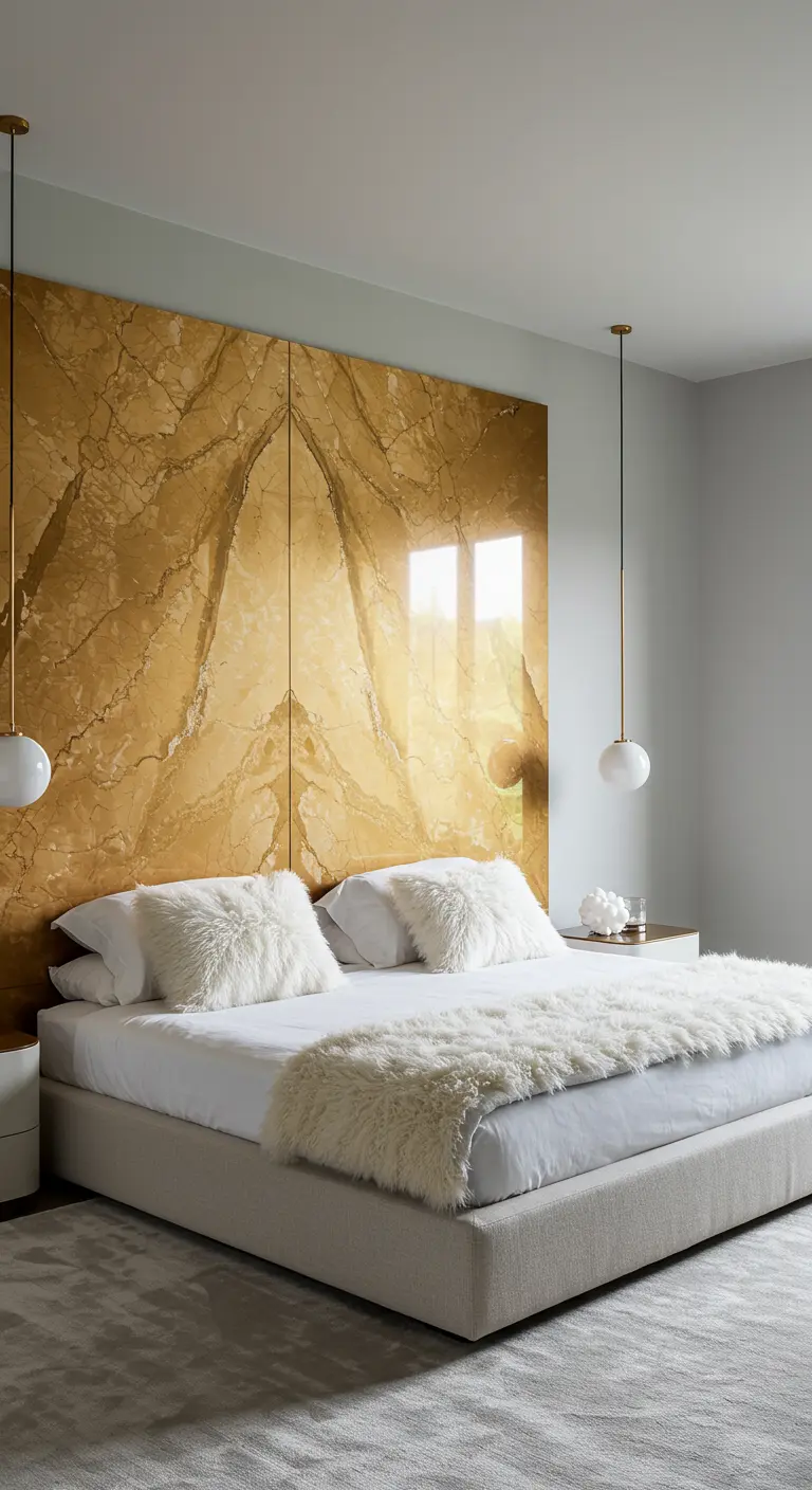 Bedroom with a large golden marble slab headboard and white faux fur pillows.