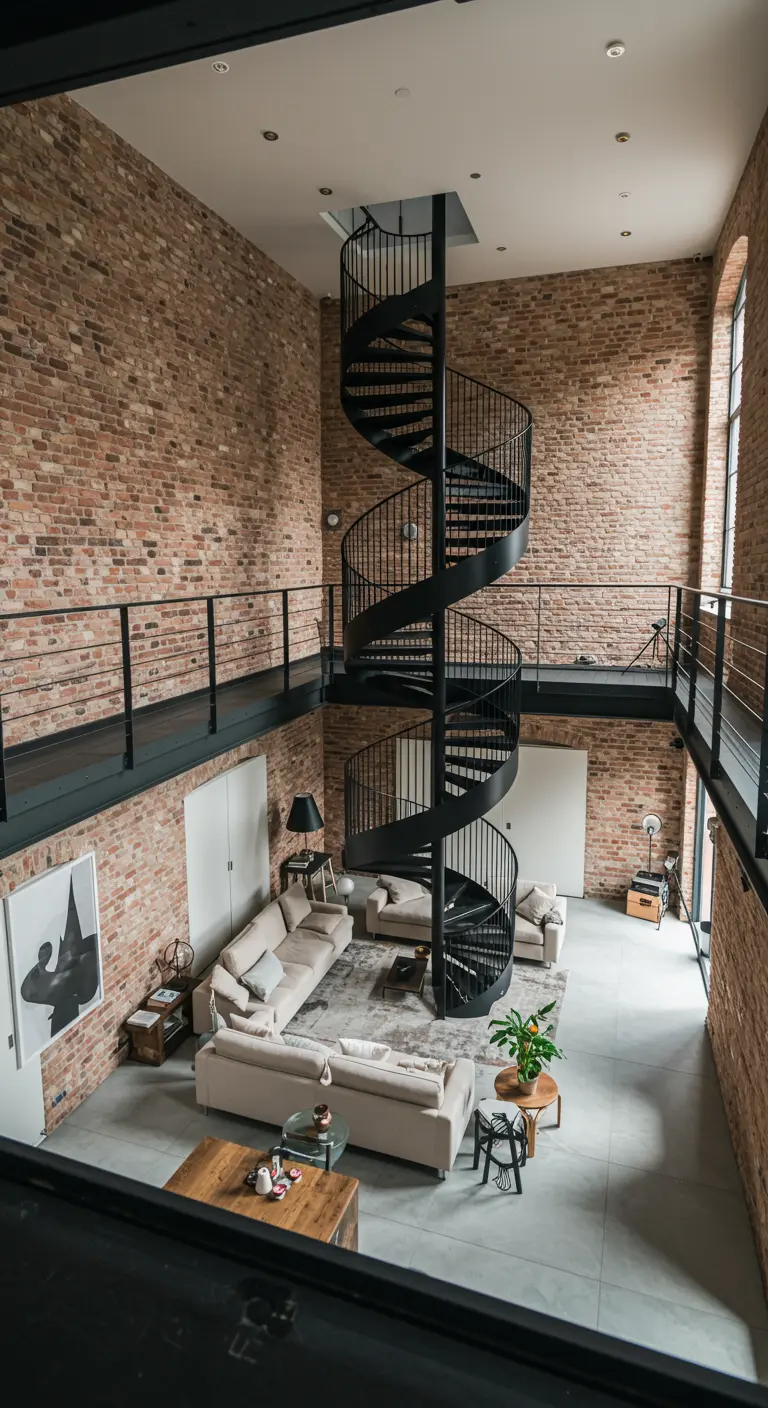 A dramatic black metal spiral staircase in the center of a spacious brick-walled loft.