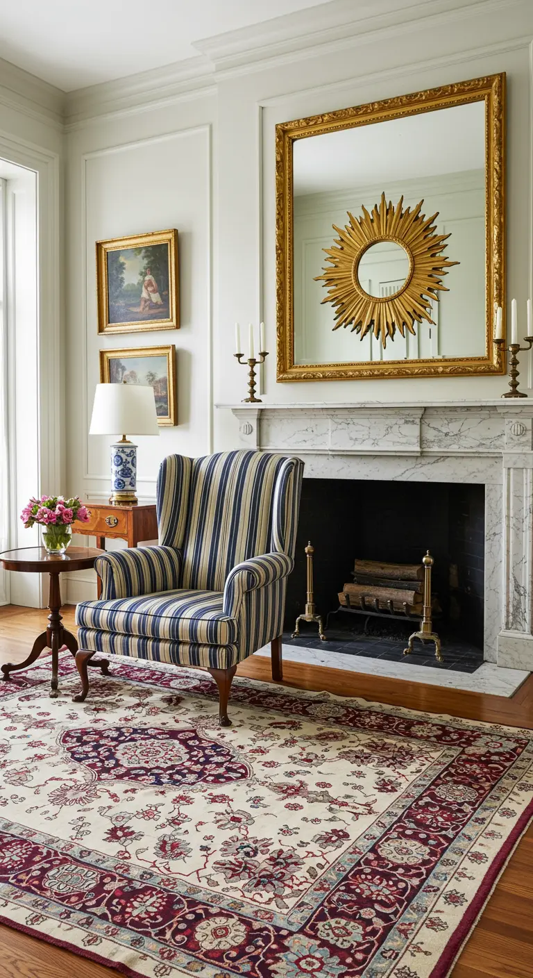 Blue and white striped wingback chair next to a marble fireplace with a gold sunburst mirror.