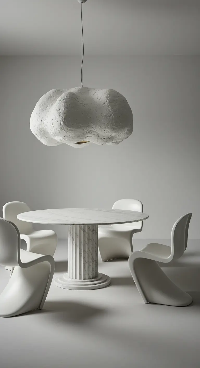 Minimalist dining room with a large, textured cloud-like pendant light over a marble table.