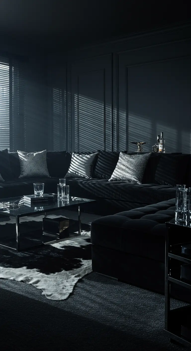 An all-black living room with a black sectional, where light from blinds creates stripes.