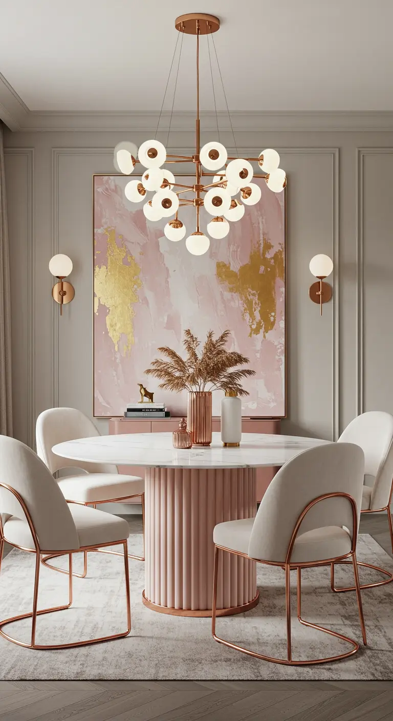 Pink and gold dining room with abstract art, fluted table, and rose gold chairs.
