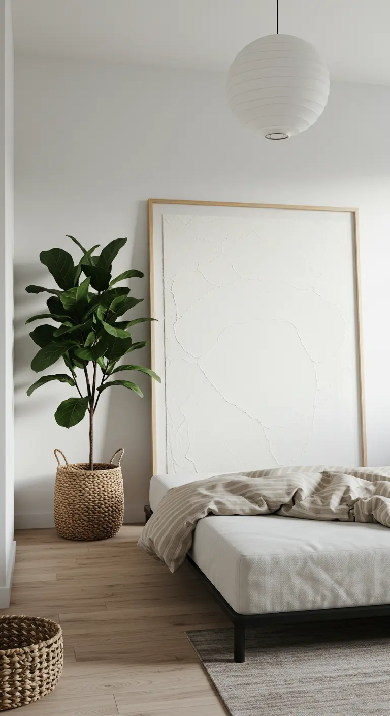 Minimalist bedroom with a large, textured white art piece used as a headboard.