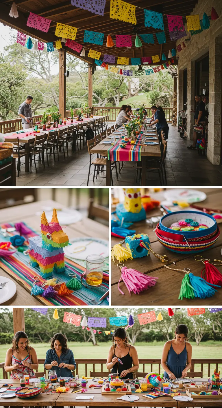 A collage showing a party with a DIY craft station where guests make tassels and decorate piñatas.