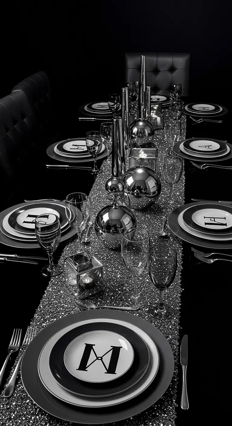 A glamorous black and silver table setting with a large monogrammed plate.