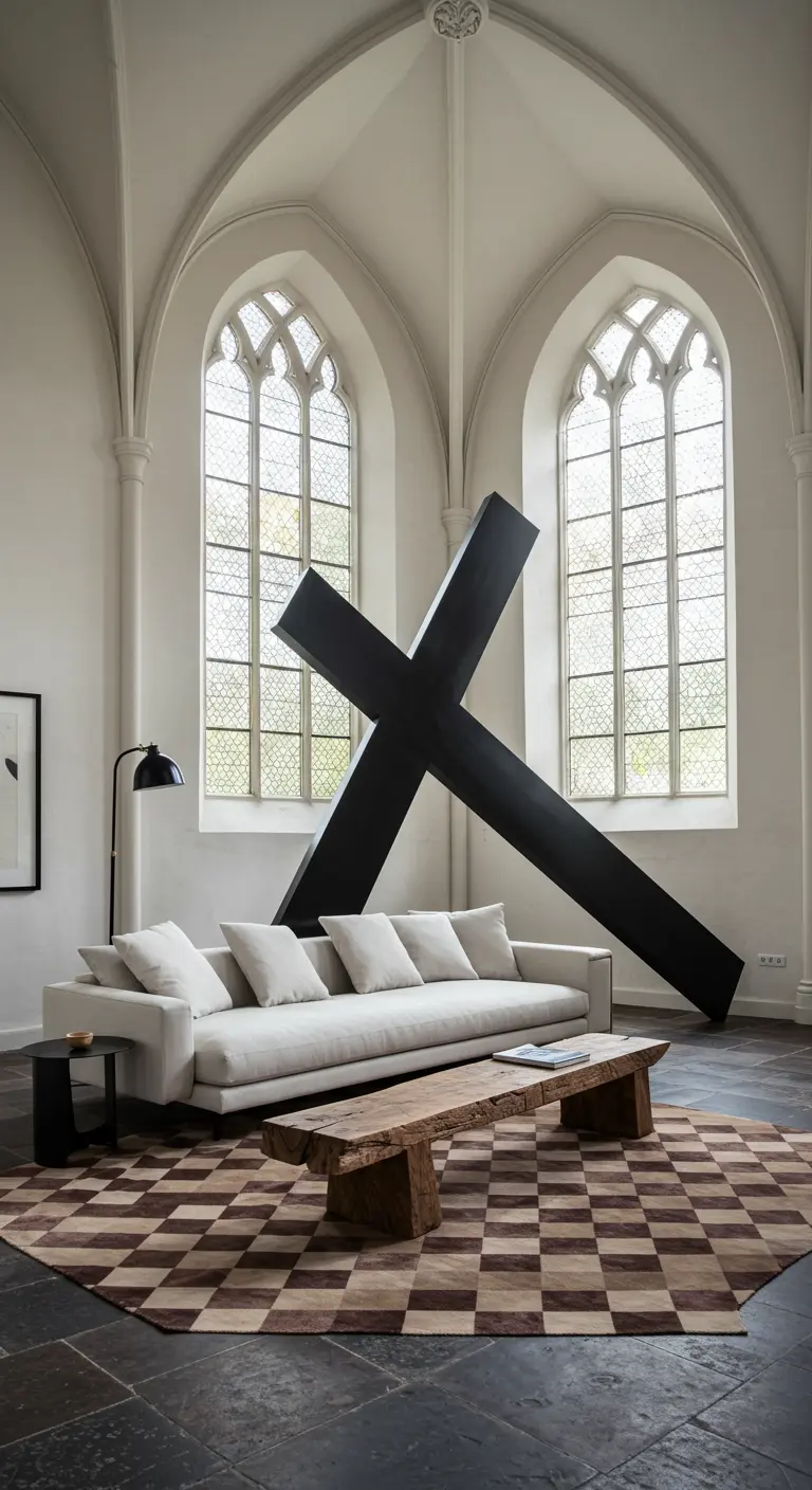 A converted chapel living space with a monumental black cross sculpture and a brown checkerboard rug.