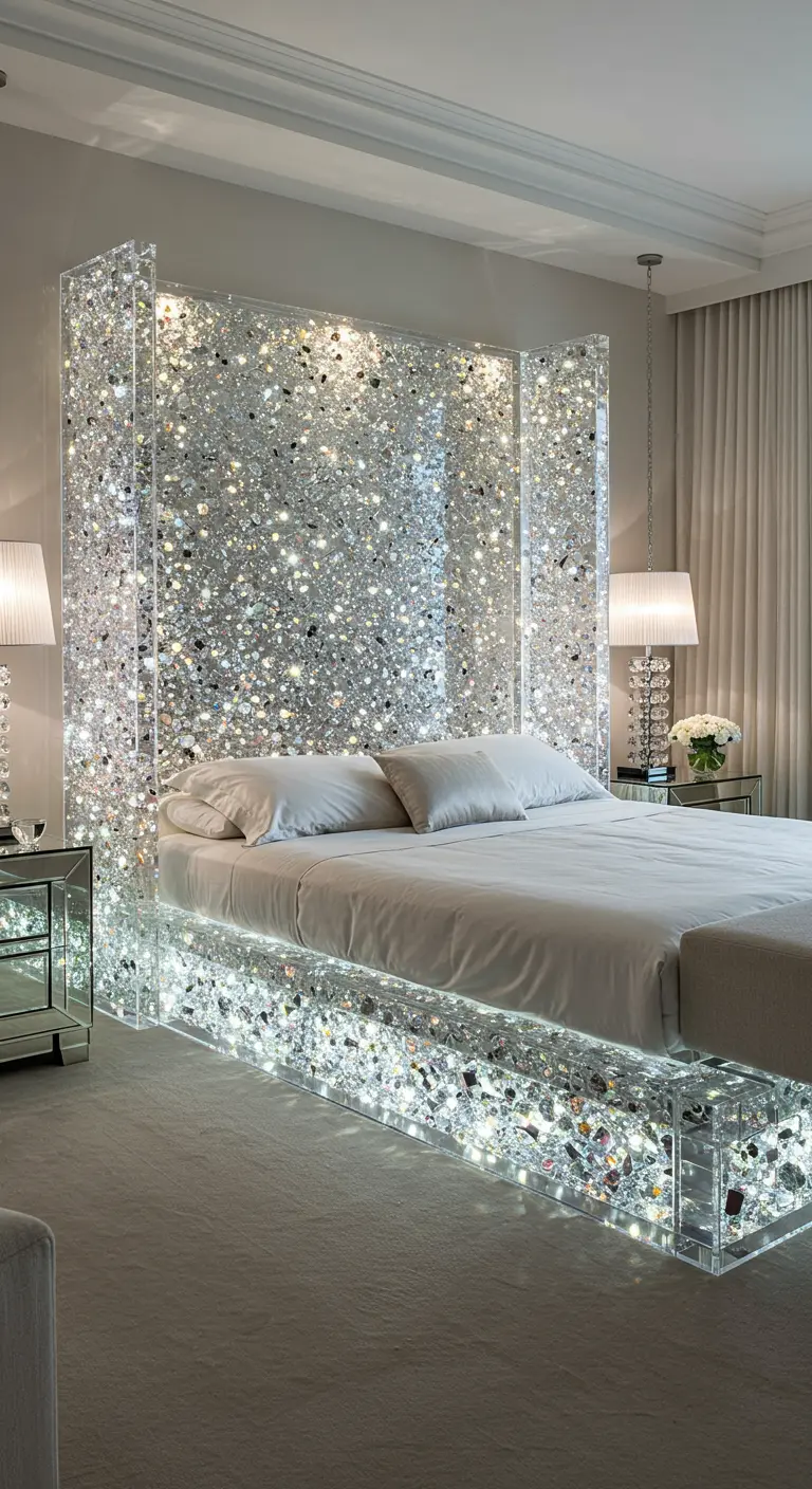 A bed with a headboard and frame entirely covered in sparkling crystals, lit from within.