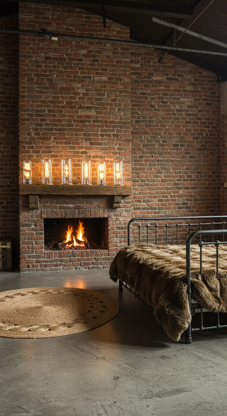 A rustic bedroom with a large brick fireplace, a metal bed, and a round jute rug.