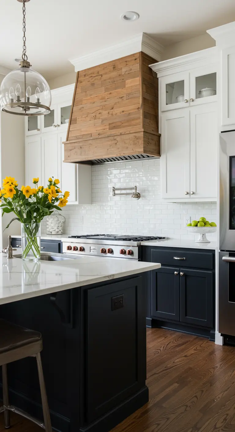 Kitchen with a statement reclaimed wood range hood, white cabinets, and a dark navy island.