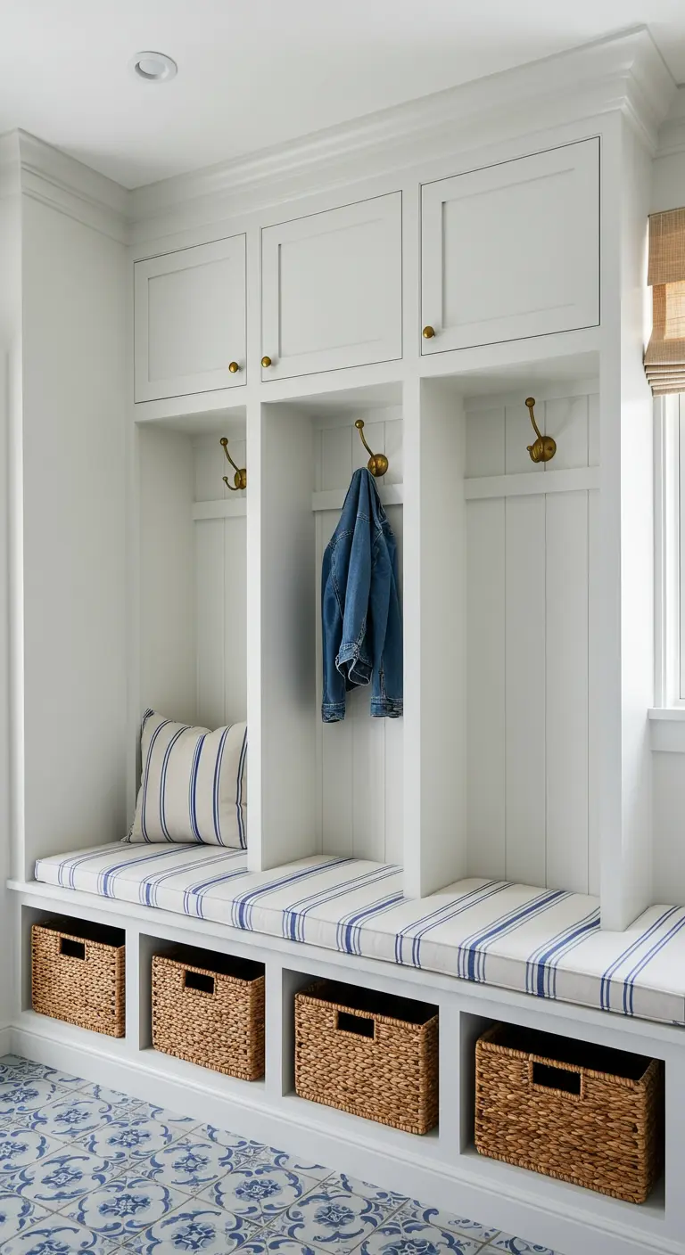 Organized mudroom with white built-in cubbies, striped cushions, and blue and white floor tiles.