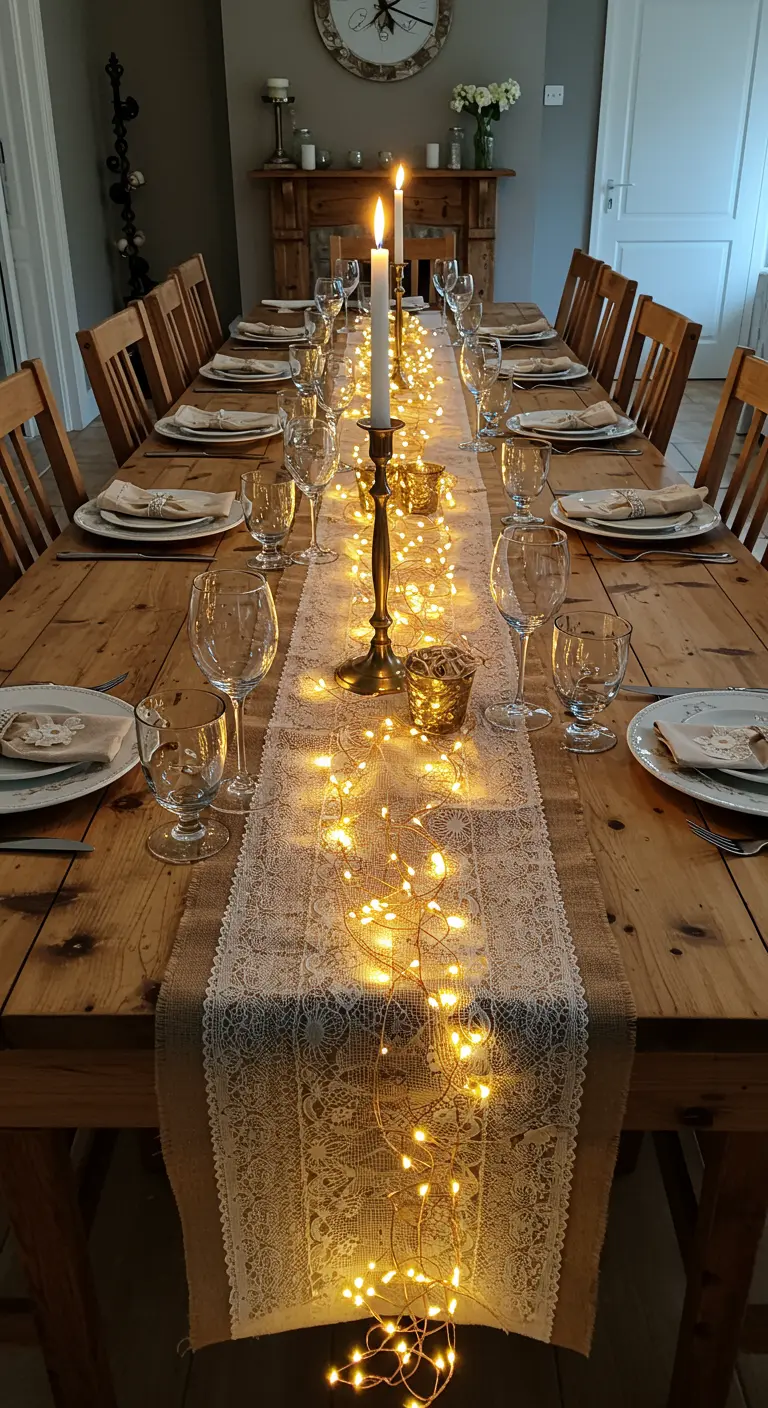 A long wooden dining table with a burlap runner topped with tangled warm string lights.