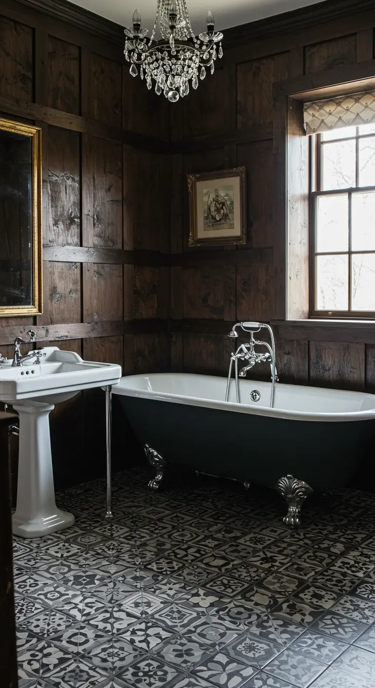 Elegant bathroom with dark wood paneling, a patterned tile floor, and a crystal chandelier.