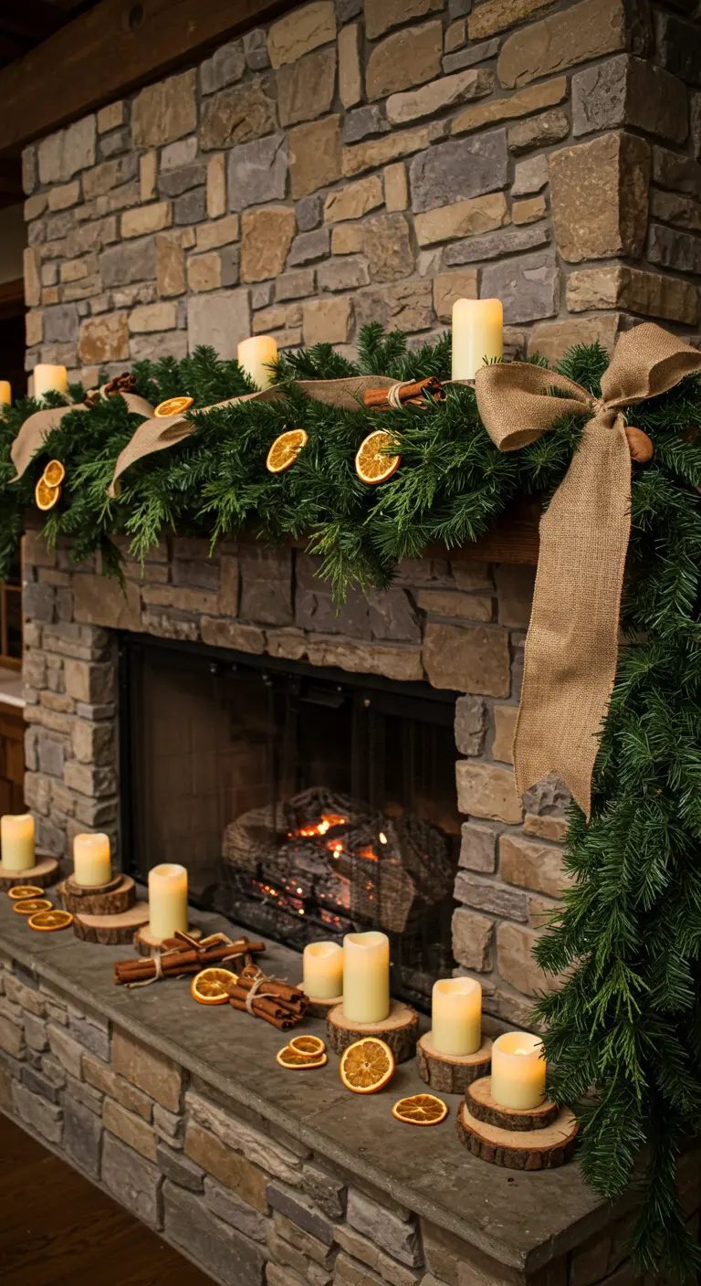 Stone fireplace mantel decorated with evergreen garland, burlap bows, and dried orange slices.