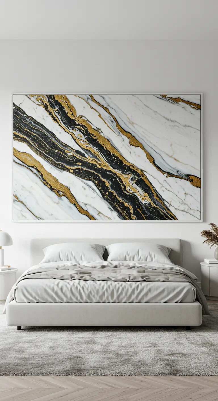 A minimalist white bedroom with a large piece of framed art depicting black, white, and gold marble.