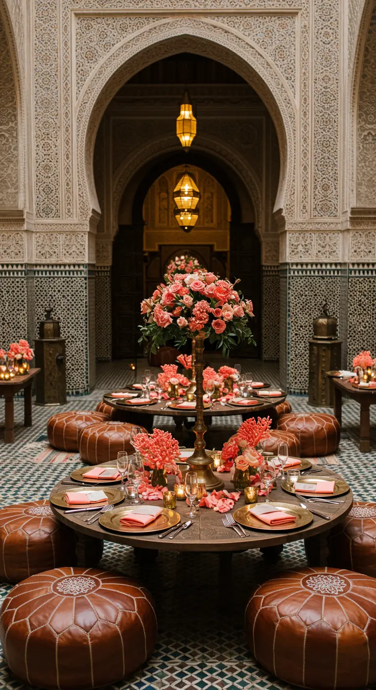 Moroccan wedding reception with low tables, leather poufs, and coral rose centerpieces.