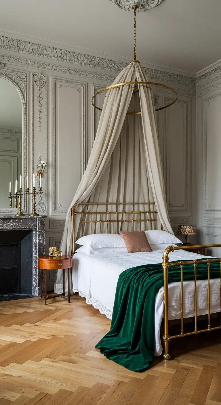 Parisian bedroom with a brass canopy bed, ornate walls, and an emerald velvet throw.