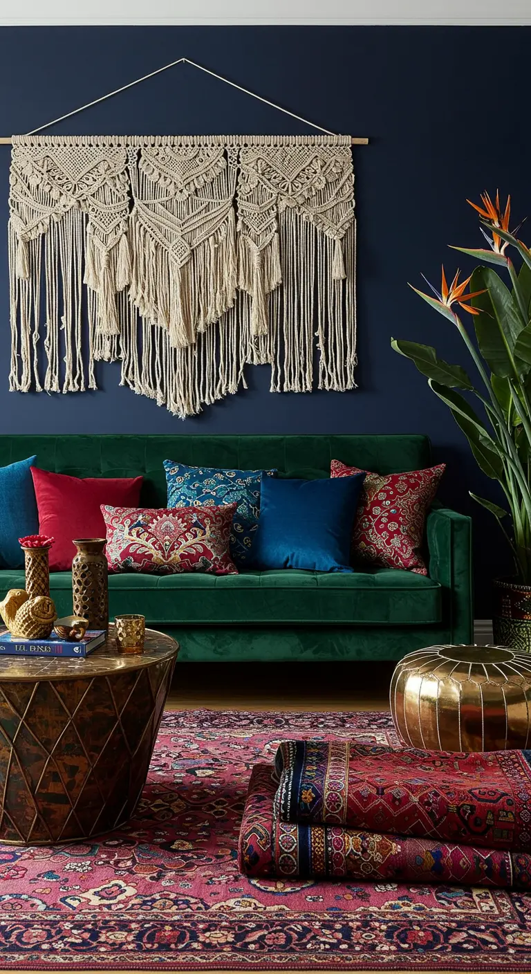 Living room with a navy wall, green velvet sofa, and colorful bohemian textiles.