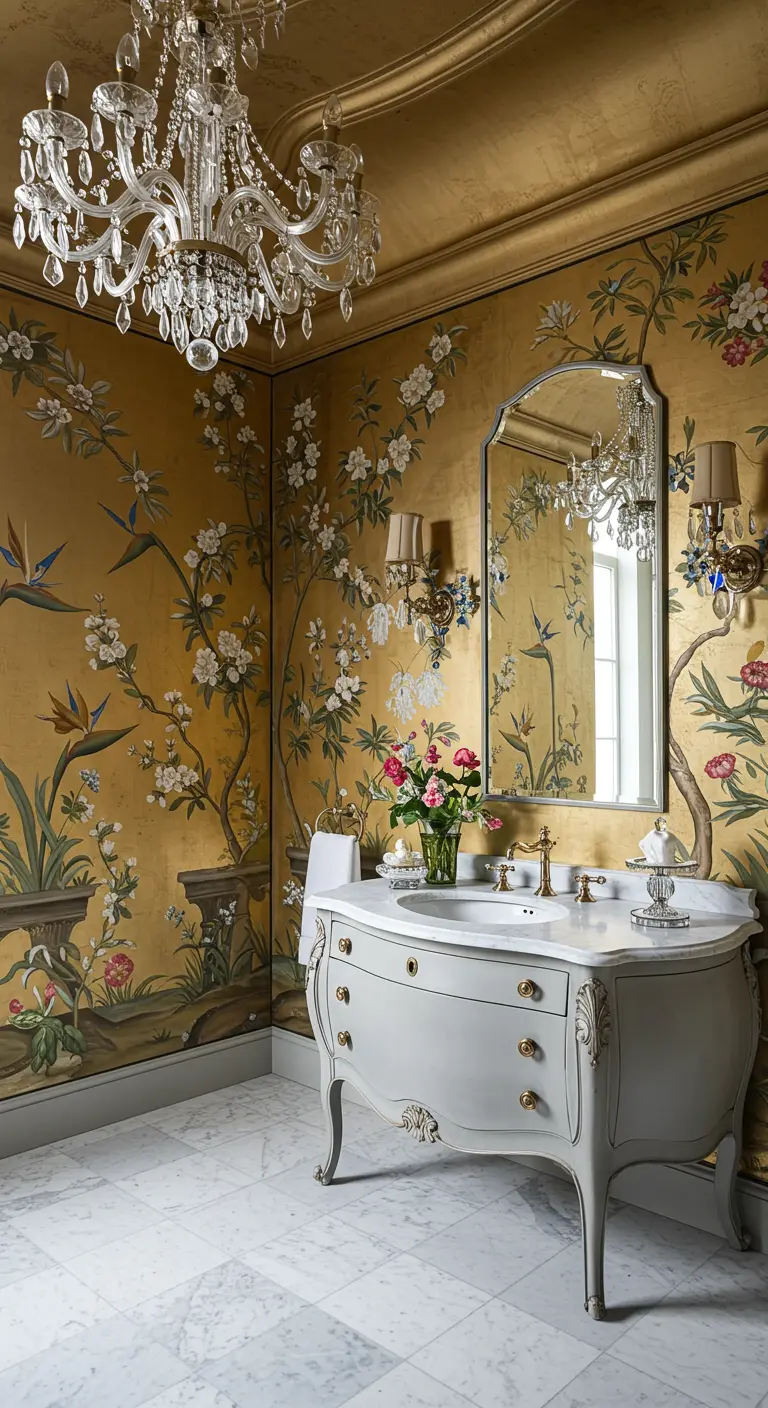 Opulent bathroom with gold Chinoiserie wallpaper and a gray bombe chest vanity.