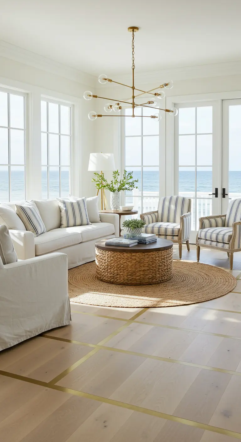 A bright, coastal living room with white sofas and brass inlays in the light wood floor.