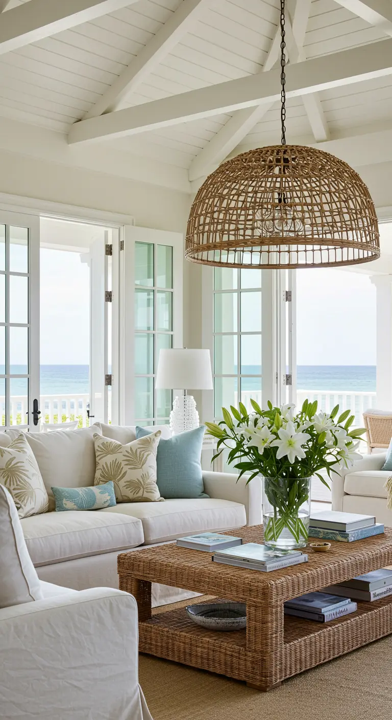 Coastal living room with a white slipcover sofa, large rattan coffee table, and ocean view.