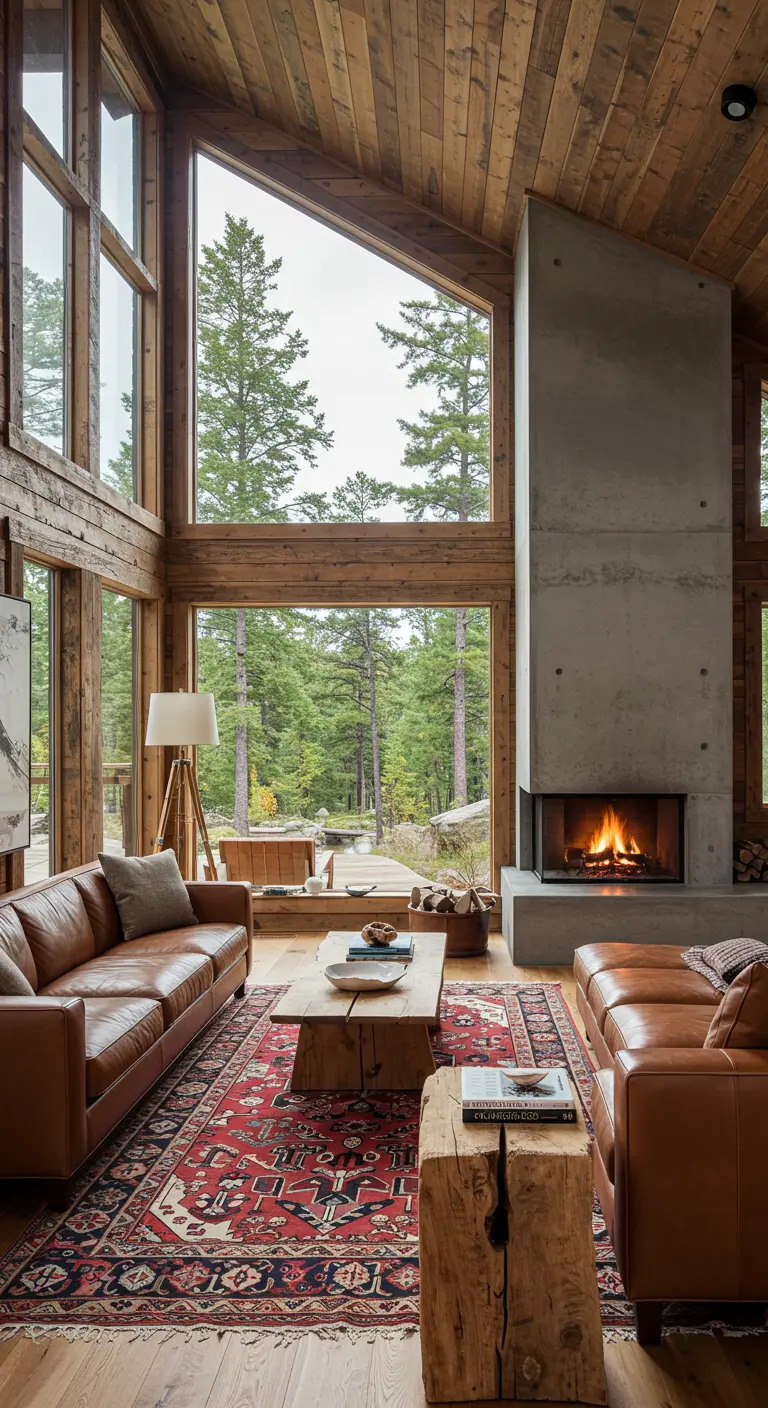 Living room with a modern concrete fireplace, wood walls, and leather sofas.