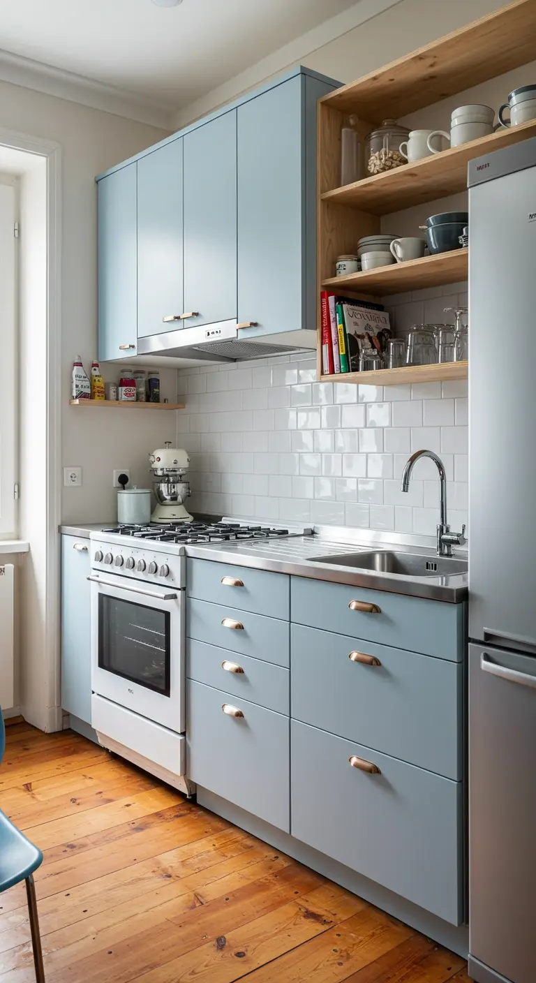 A small kitchen with light blue cabinets, stainless steel countertops, and a warm wood floor.