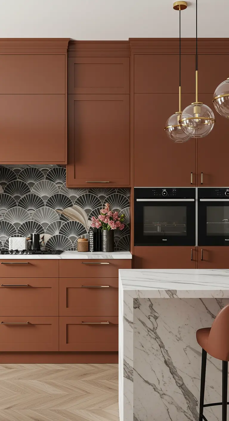 Terra cotta kitchen with a black and white fan tile backsplash and marble island.