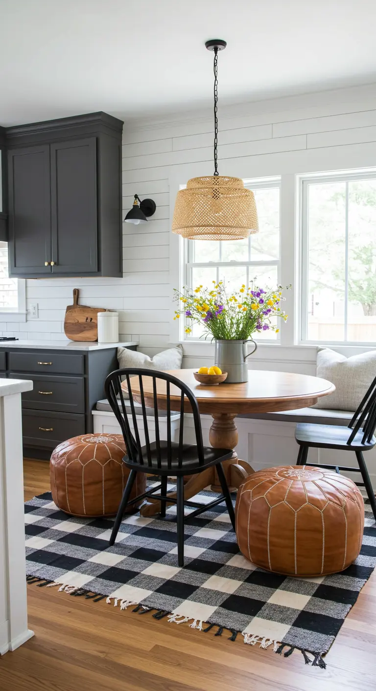 Farmhouse kitchen nook with a buffalo check rug, black chairs, and tan leather poufs.