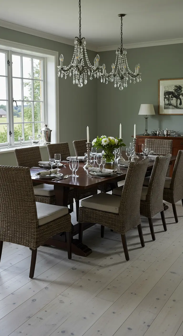 Formal dining room with wicker chairs, dark wood table, and twin crystal chandeliers.