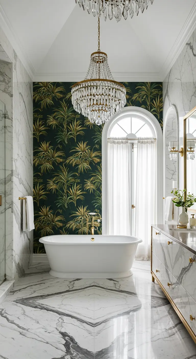 Grand bathroom with palm wallpaper, a crystal chandelier, and book-matched marble floors.